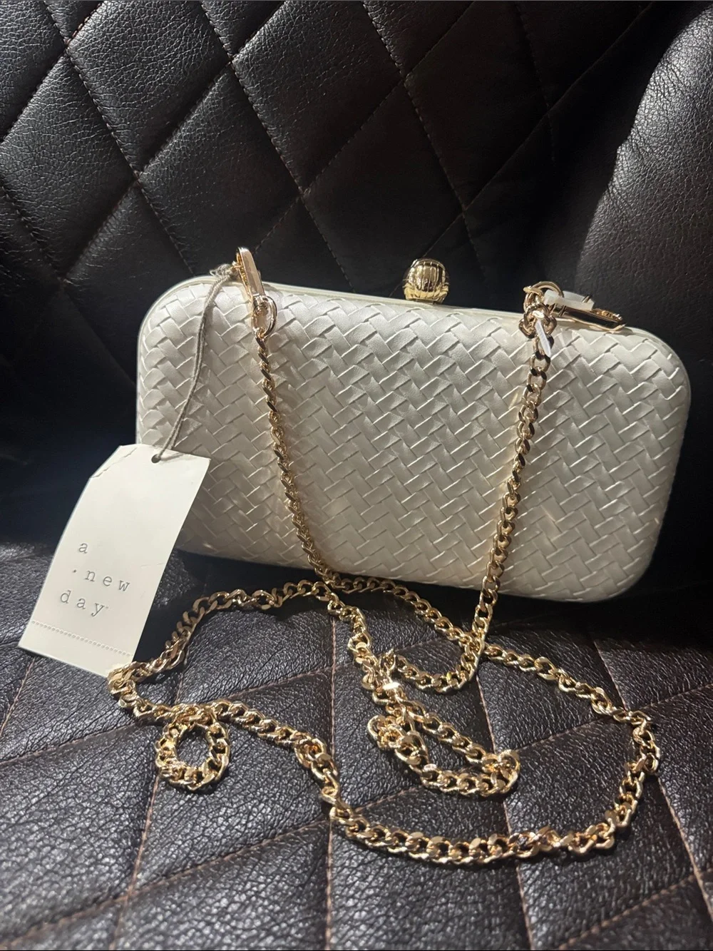 a new day White Woven Clutch with Gold Chain Strap